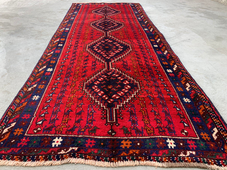9'1 x 3'7 Hand-Knotted Persian Wool Runner - Red Tribal Diamond Medallion Design - KBHM-945