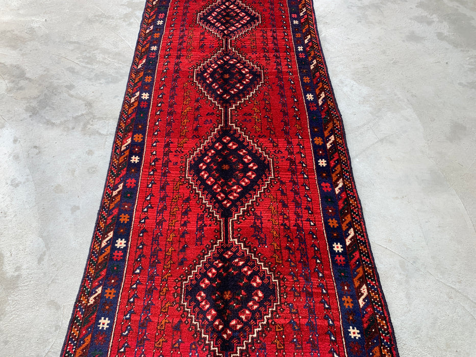 9'1 x 3'7 Hand-Knotted Persian Wool Runner - Red Tribal Diamond Medallion Design - KBHM-945