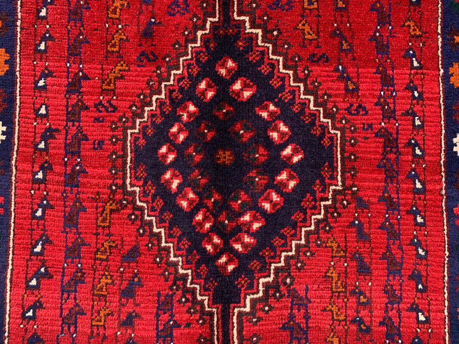 9'1 x 3'7 Hand-Knotted Persian Wool Runner - Red Tribal Diamond Medallion Design - KBHM-945