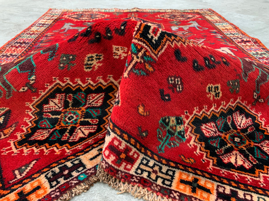 5'3 x 3'9 Hand-Knotted Persian Wool Rug - Red Tribal Animal Motif Design - KBHM-949