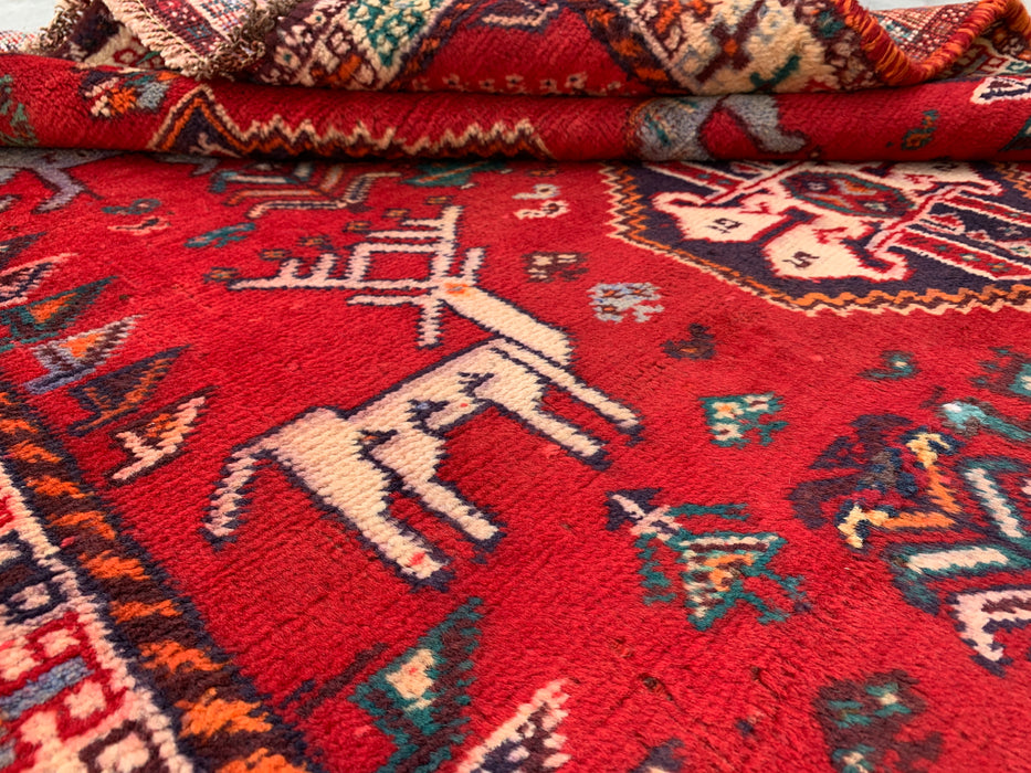5'3 x 3'9 Hand-Knotted Persian Wool Rug - Red Tribal Animal Motif Design - KBHM-949