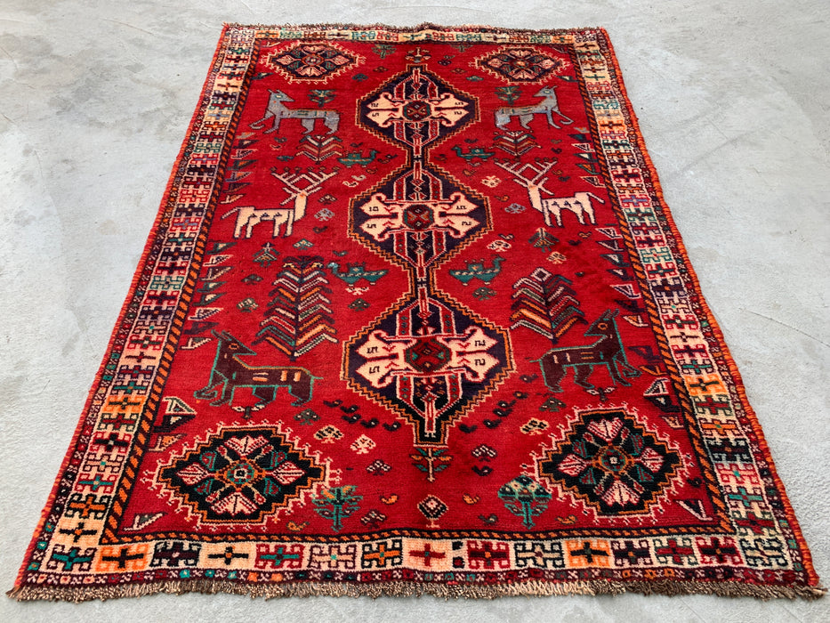 5'3 x 3'9 Hand-Knotted Persian Wool Rug - Red Tribal Animal Motif Design - KBHM-949