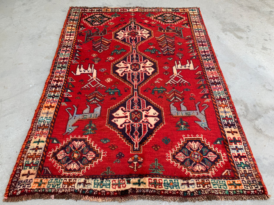 5'3 x 3'9 Hand-Knotted Persian Wool Rug - Red Tribal Animal Motif Design - KBHM-949