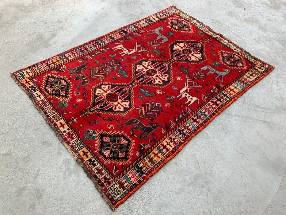 5'3 x 3'9 Hand-Knotted Persian Wool Rug - Red Tribal Animal Motif Design - KBHM-949