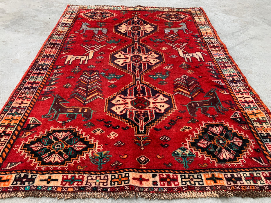5'3 x 3'9 Hand-Knotted Persian Wool Rug - Red Tribal Animal Motif Design - KBHM-949