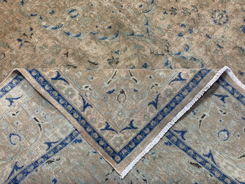 9’8” × 12’6” Hand-Knotted Wool Rug – Camel Brown Field with Navy & Taupe Floral Border