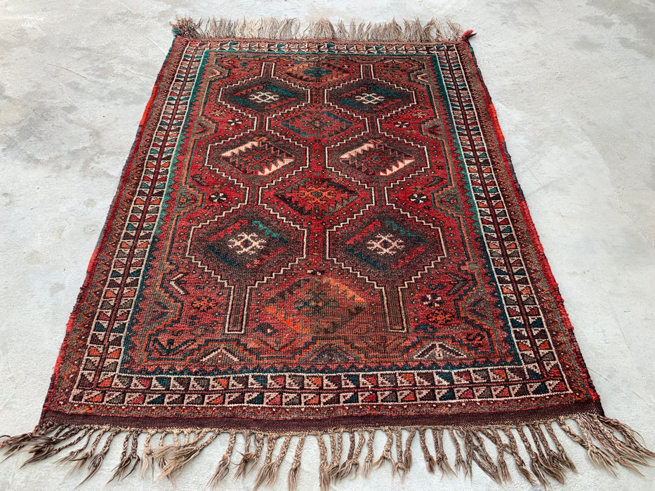 5'1 x 4'0 Hand-Knotted Persian Wool Rug - Rust Geometric Tribal Design - KBHM-950