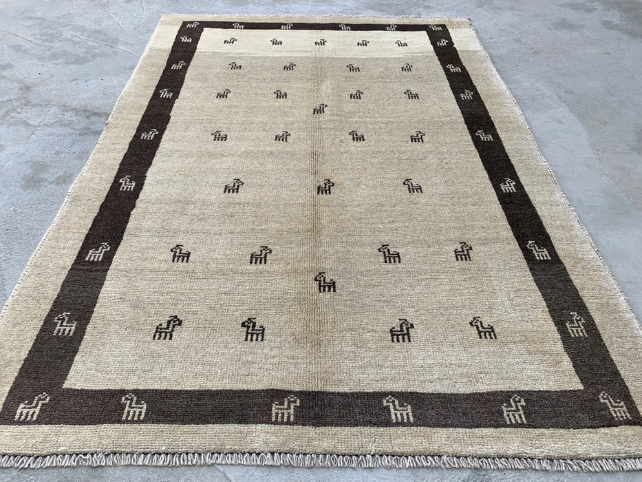 5'5 x 3'11 Hand-Knotted Persian Wool Rug - Ivory Minimal Animal Motif Design - KBHM-951