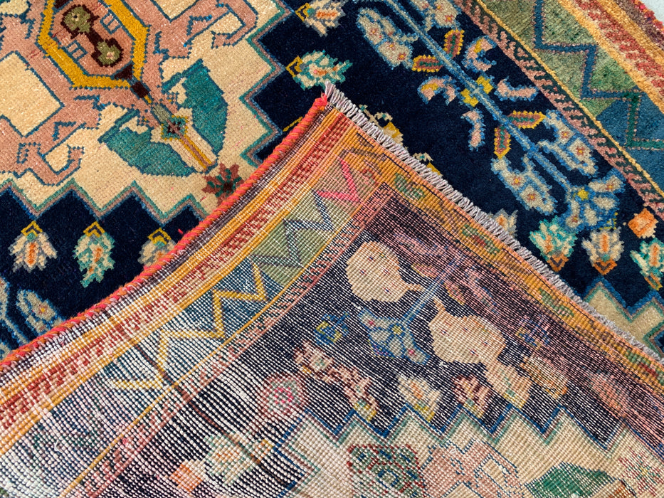 4'2 x 3'1 Hand-Knotted Persian Wool Rug - Navy Field with Ivory Geometric Floral Design - KBHM-956