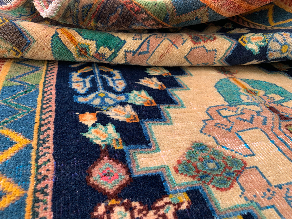 4'2 x 3'1 Hand-Knotted Persian Wool Rug - Navy Field with Ivory Geometric Floral Design - KBHM-956