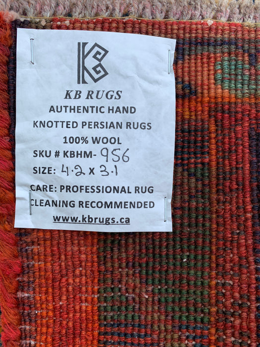 4'2 x 3'1 Hand-Knotted Persian Wool Rug - Navy Field with Ivory Geometric Floral Design - KBHM-956