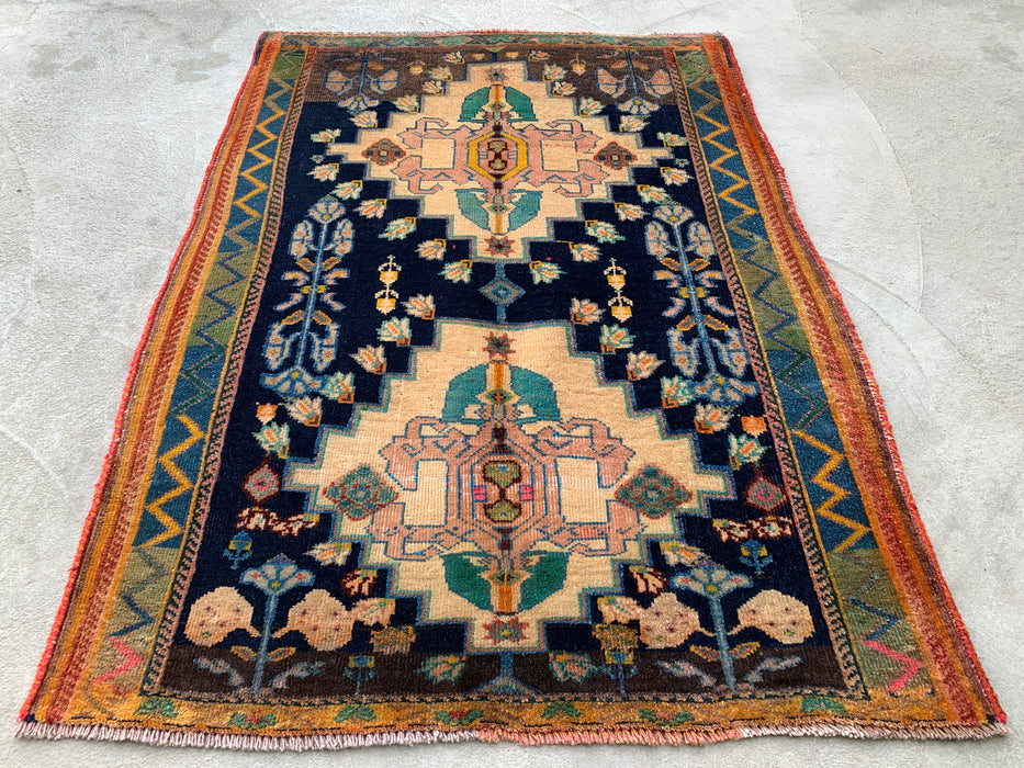 4'2 x 3'1 Hand-Knotted Persian Wool Rug - Navy Field with Ivory Geometric Floral Design - KBHM-956