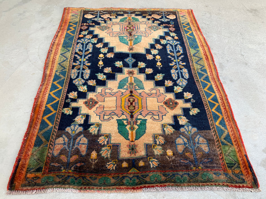 4'2 x 3'1 Hand-Knotted Persian Wool Rug - Navy Field with Ivory Geometric Floral Design - KBHM-956