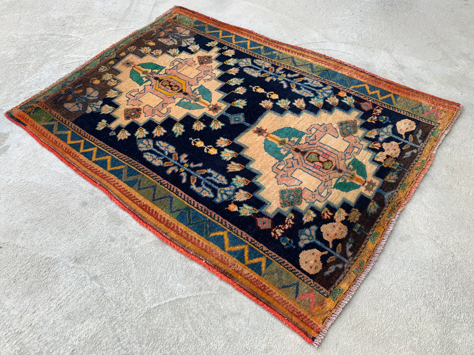 4'2 x 3'1 Hand-Knotted Persian Wool Rug - Navy Field with Ivory Geometric Floral Design - KBHM-956