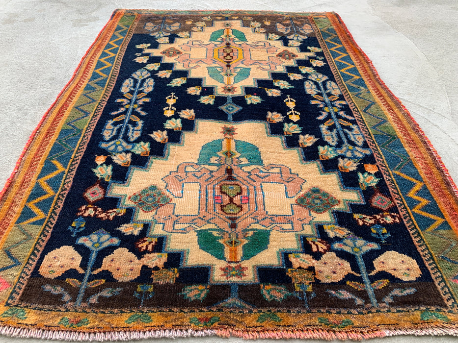 4'2 x 3'1 Hand-Knotted Persian Wool Rug - Navy Field with Ivory Geometric Floral Design - KBHM-956