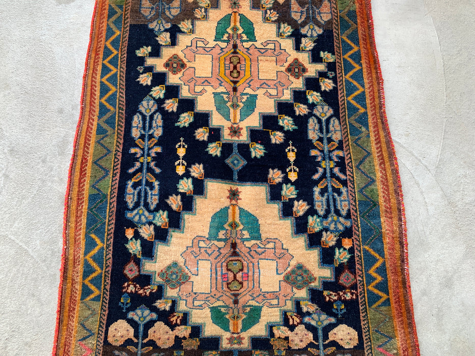 4'2 x 3'1 Hand-Knotted Persian Wool Rug - Navy Field with Ivory Geometric Floral Design - KBHM-956