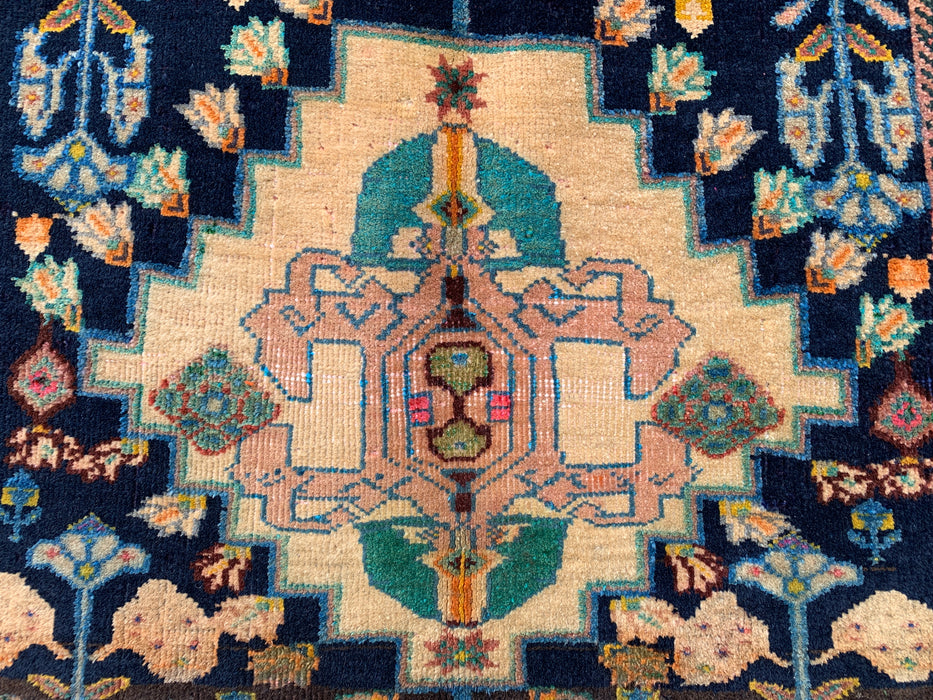 4'2 x 3'1 Hand-Knotted Persian Wool Rug - Navy Field with Ivory Geometric Floral Design - KBHM-956
