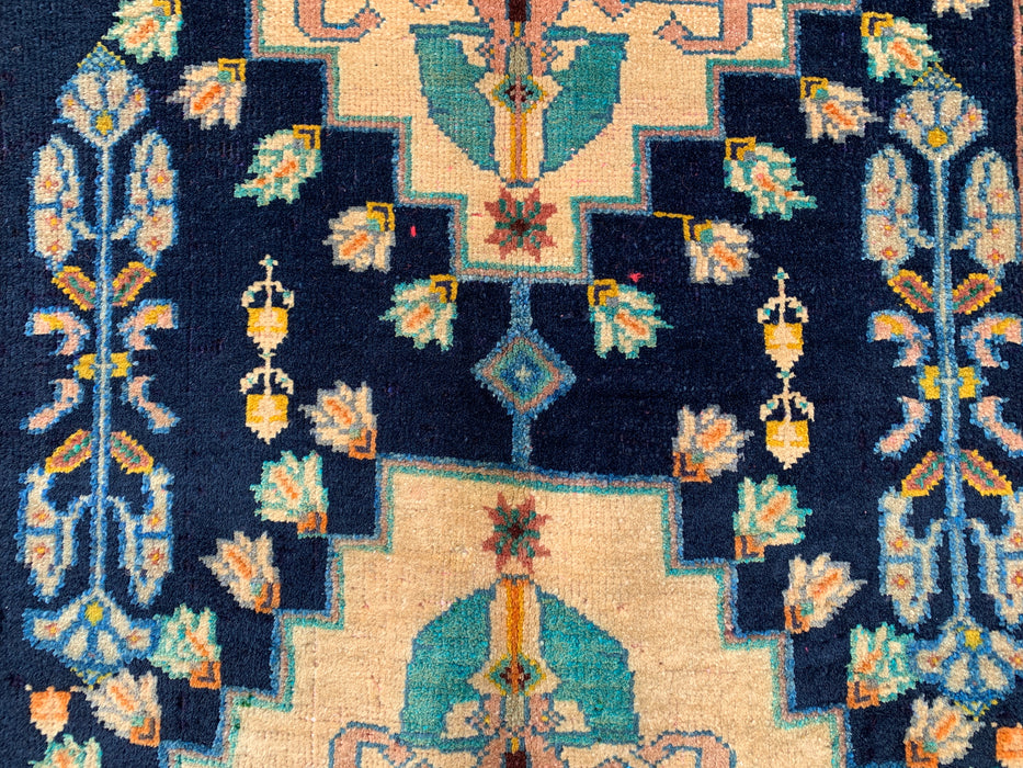 4'2 x 3'1 Hand-Knotted Persian Wool Rug - Navy Field with Ivory Geometric Floral Design - KBHM-956