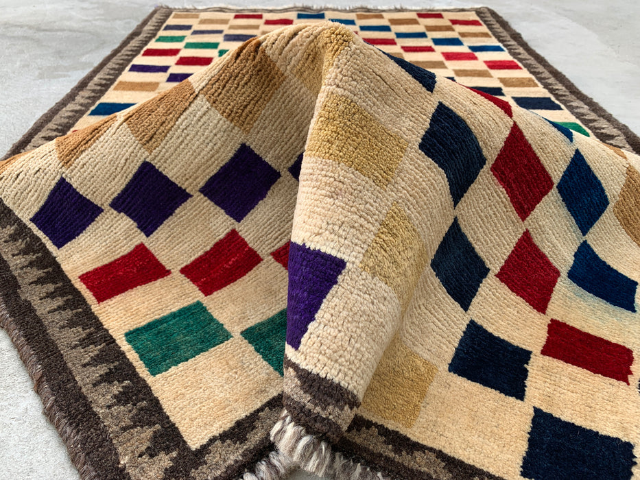 4'8 x 3'0 Hand-Knotted Persian Wool Rug - Cream Multicolor Geometric Checkered Design - KBHM-957