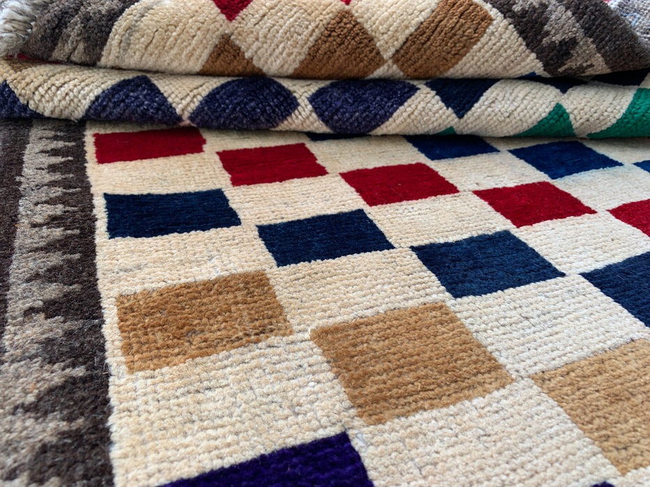 4'8 x 3'0 Hand-Knotted Persian Wool Rug - Cream Multicolor Geometric Checkered Design - KBHM-957