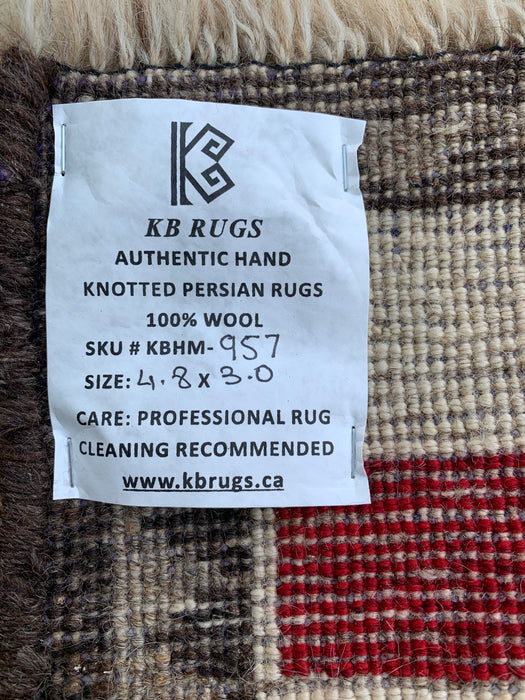 4'8 x 3'0 Hand-Knotted Persian Wool Rug - Cream Multicolor Geometric Checkered Design - KBHM-957