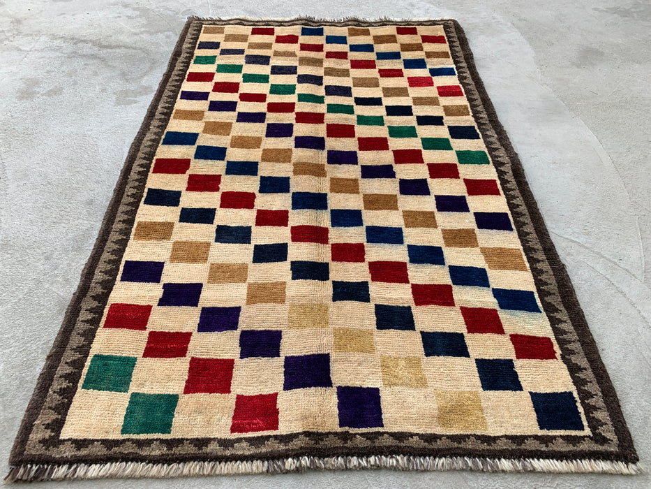 4'8 x 3'0 Hand-Knotted Persian Wool Rug - Cream Multicolor Geometric Checkered Design - KBHM-957