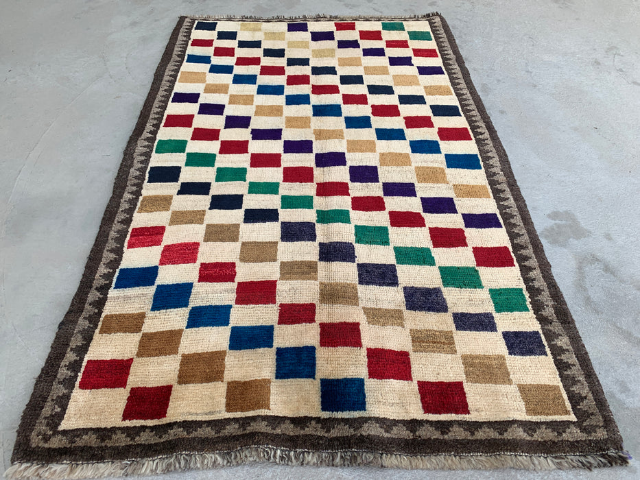 4'8 x 3'0 Hand-Knotted Persian Wool Rug - Cream Multicolor Geometric Checkered Design - KBHM-957