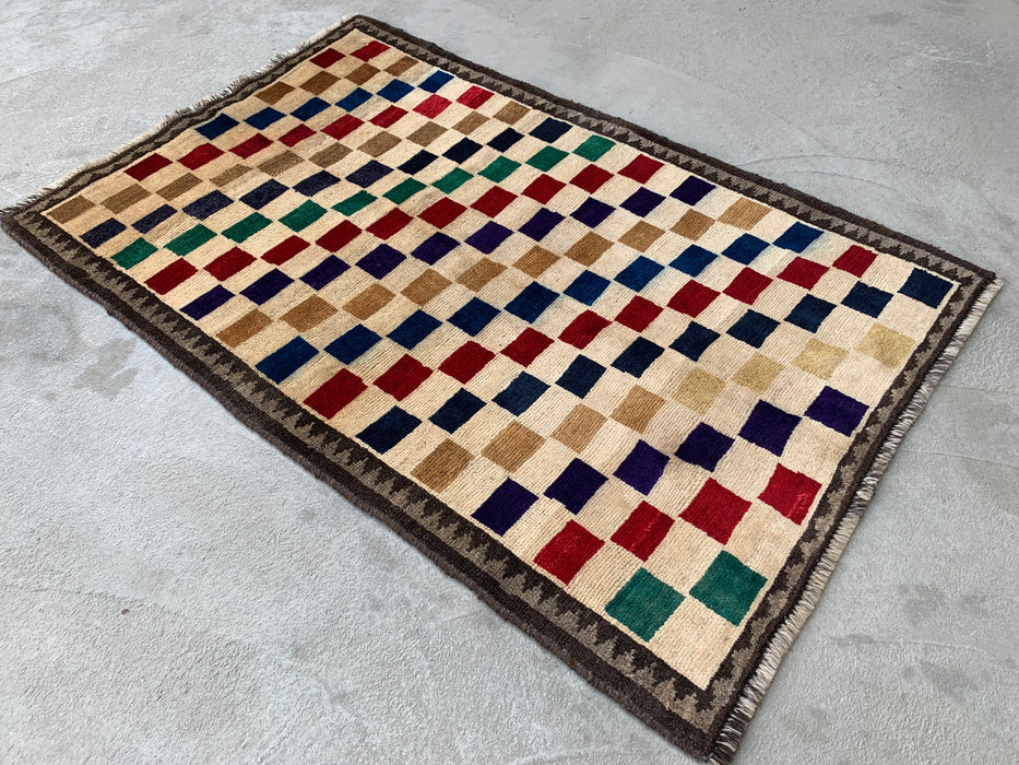 4'8 x 3'0 Hand-Knotted Persian Wool Rug - Cream Multicolor Geometric Checkered Design - KBHM-957