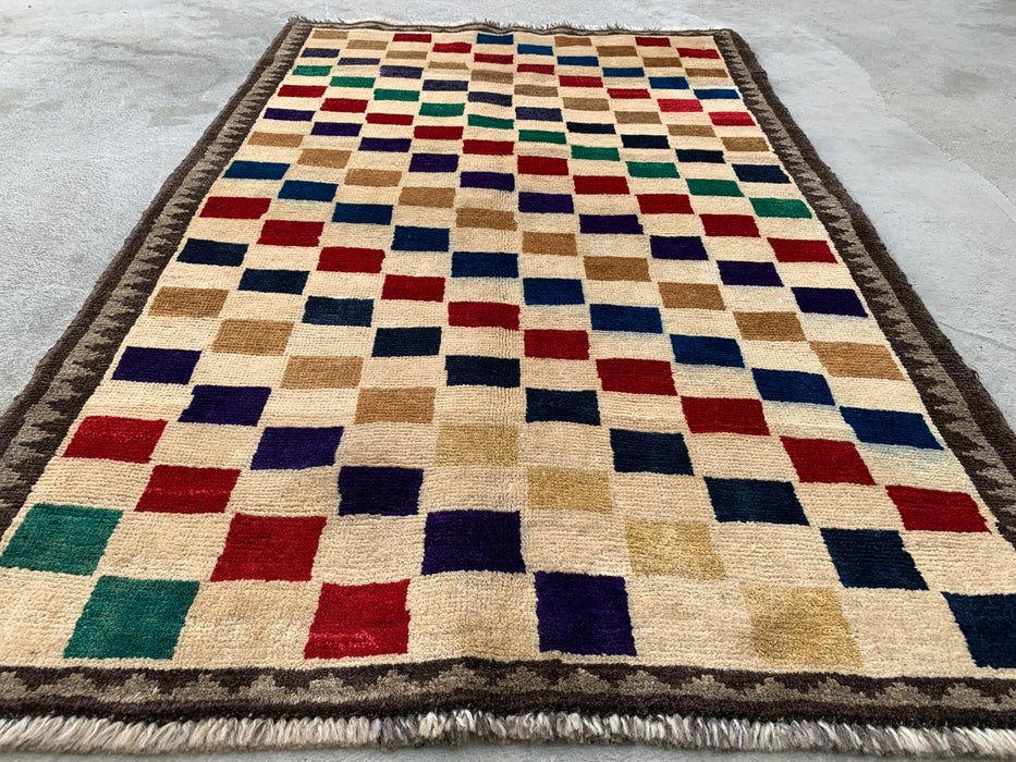 4'8 x 3'0 Hand-Knotted Persian Wool Rug - Cream Multicolor Geometric Checkered Design - KBHM-957