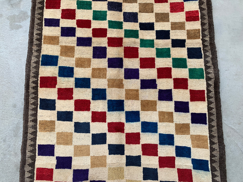 4'8 x 3'0 Hand-Knotted Persian Wool Rug - Cream Multicolor Geometric Checkered Design - KBHM-957