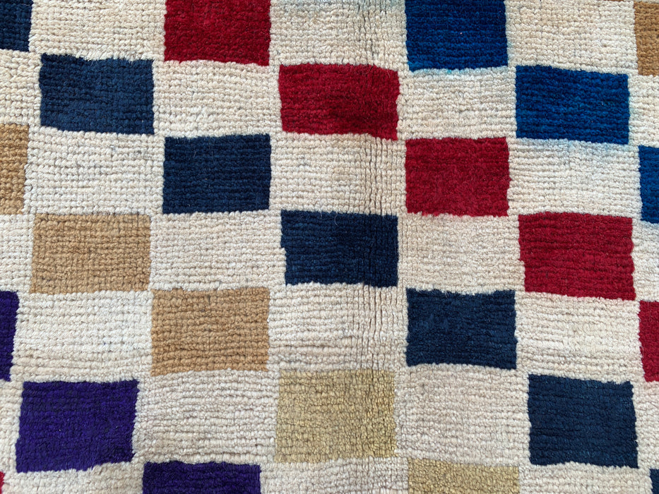 4'8 x 3'0 Hand-Knotted Persian Wool Rug - Cream Multicolor Geometric Checkered Design - KBHM-957