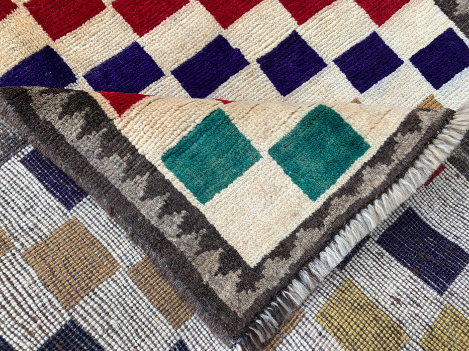 4'8 x 3'0 Hand-Knotted Persian Wool Rug - Cream Multicolor Geometric Checkered Design - KBHM-957