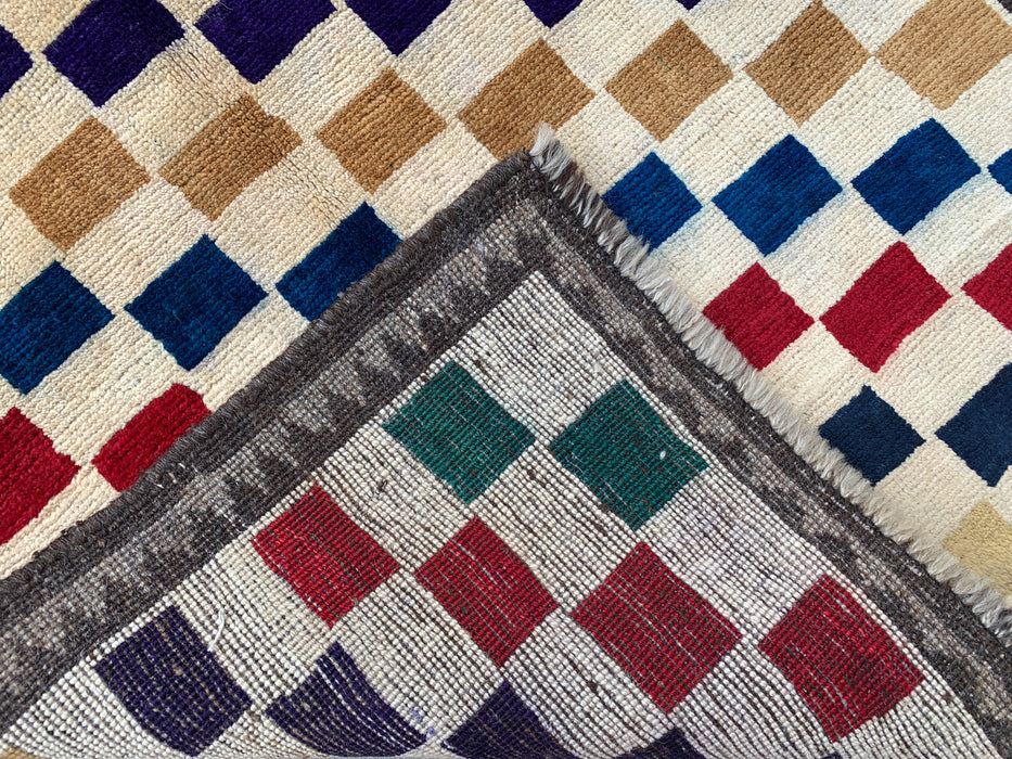 4'8 x 3'0 Hand-Knotted Persian Wool Rug - Cream Multicolor Geometric Checkered Design - KBHM-957