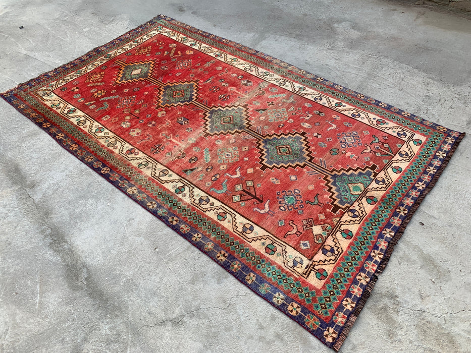8'1 x 4'11 Hand-Knotted Persian Wool Rug - Faded Coral Tribal Medallion Design - KBHM-959