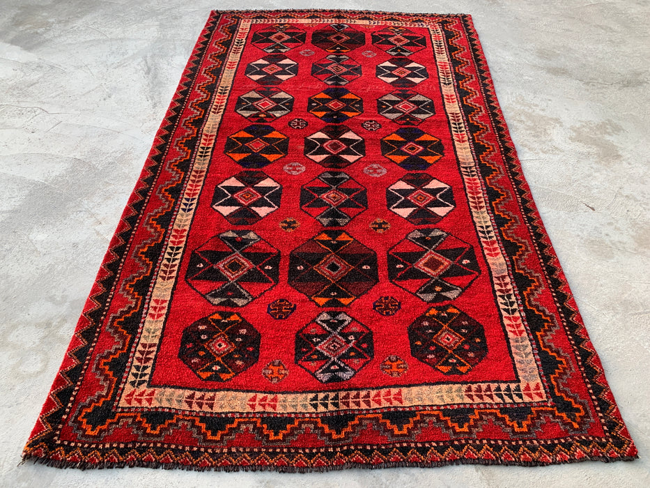 8'7 x 5'0 Hand-Knotted Persian Wool Rug - Red Geometric Tribal Medallion Design - KBHM-962