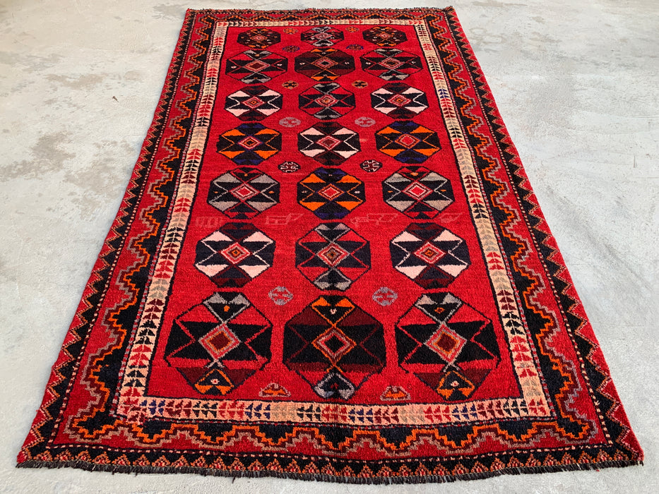 8'7 x 5'0 Hand-Knotted Persian Wool Rug - Red Geometric Tribal Medallion Design - KBHM-962