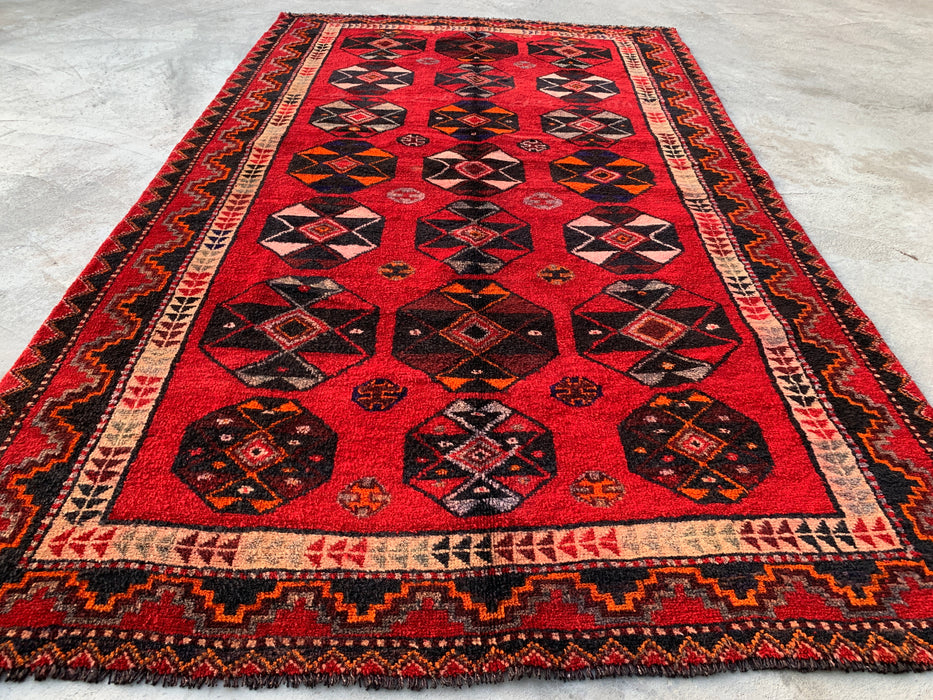 8'7 x 5'0 Hand-Knotted Persian Wool Rug - Red Geometric Tribal Medallion Design - KBHM-962