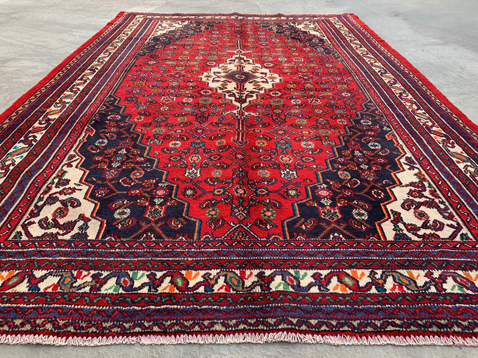 Handmade Persian Wool Area Rug 7x10 - Red Floral Medallion Persian Style Rug - Exact Size 10'1" x 6'11" - KBHM-963