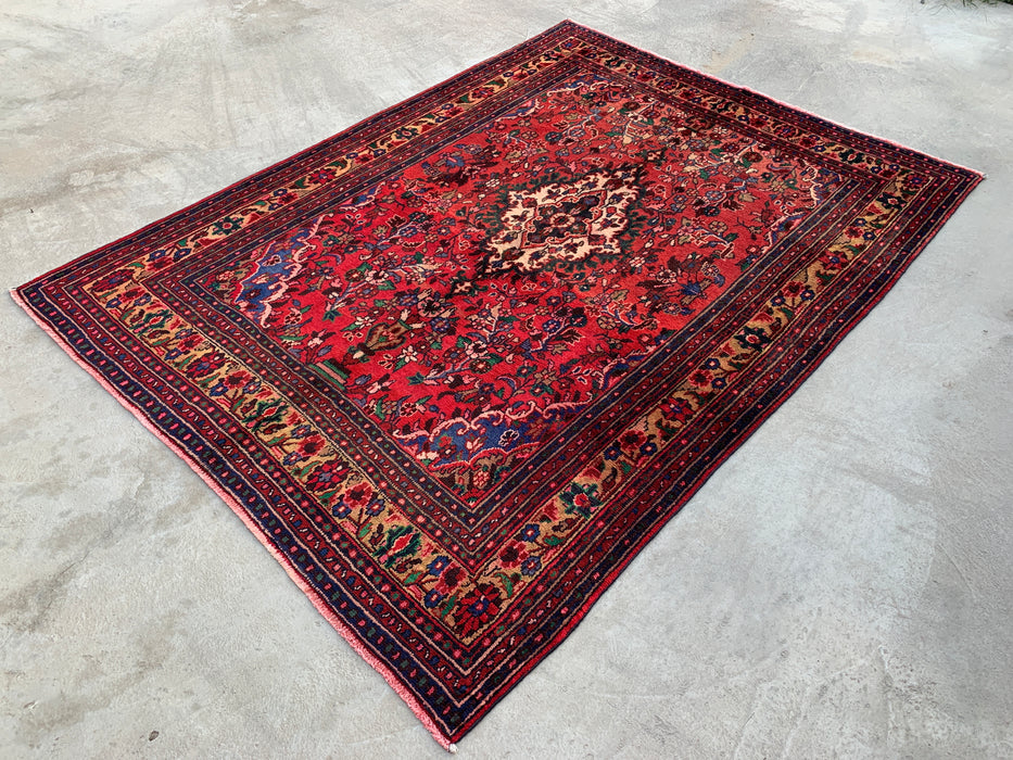Handmade Persian Wool Area Rug 7x10 - Red Floral Medallion Persian Style Rug - Exact Size 8'11" x 6'9" - KBHM-964