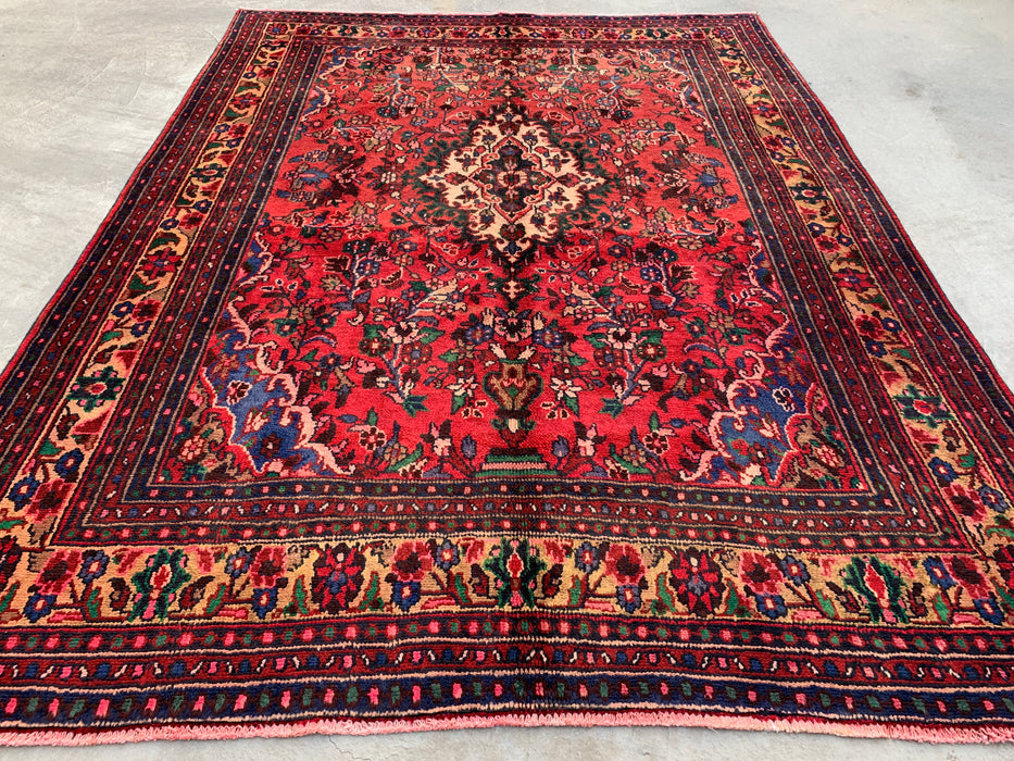 Handmade Persian Wool Area Rug 7x10 - Red Floral Medallion Persian Style Rug - Exact Size 8'11" x 6'9" - KBHM-964