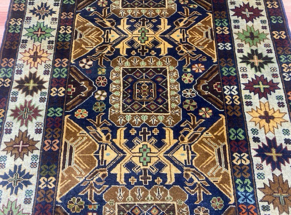 3’11” x 6’8” Hand-Knotted Caucasian Wool Runner – Deep Indigo & Earth Tones