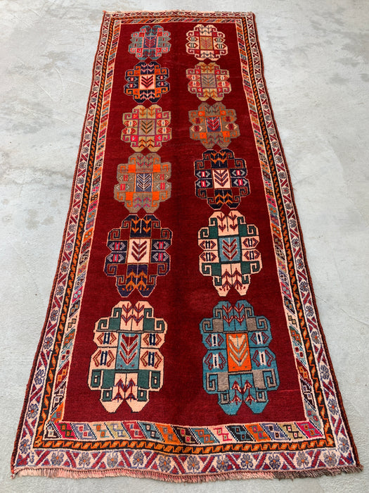 9'5 x 3'5 Hand-Knotted Persian Wool Runner - Red Geometric Tribal Design - KBHM-971