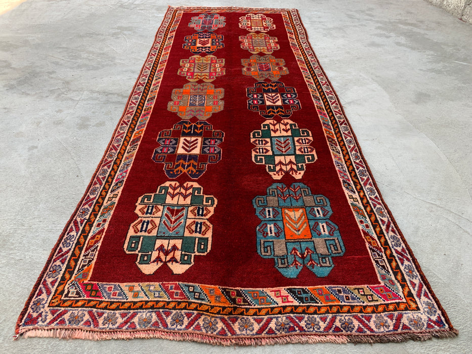 9'5 x 3'5 Hand-Knotted Persian Wool Runner - Red Geometric Tribal Design - KBHM-971