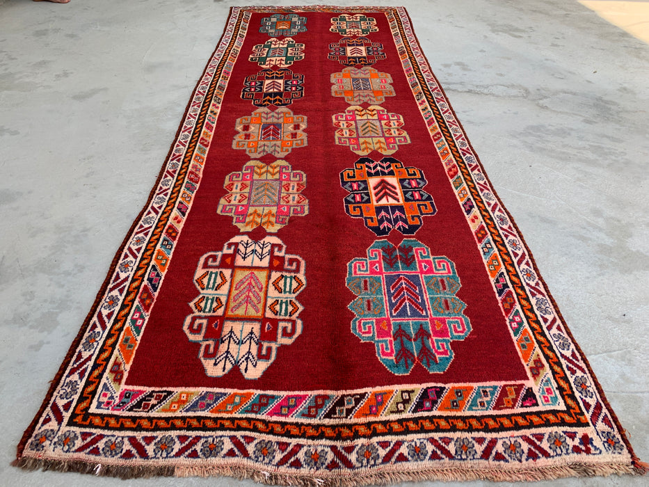 9'5 x 3'5 Hand-Knotted Persian Wool Runner - Red Geometric Tribal Design - KBHM-971
