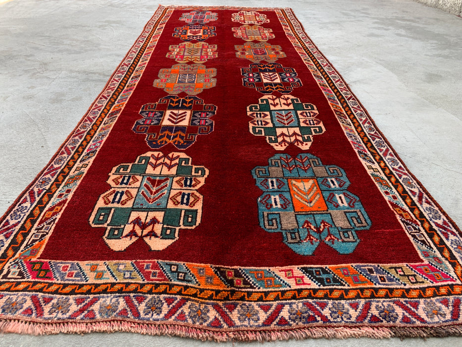 9'5 x 3'5 Hand-Knotted Persian Wool Runner - Red Geometric Tribal Design - KBHM-971