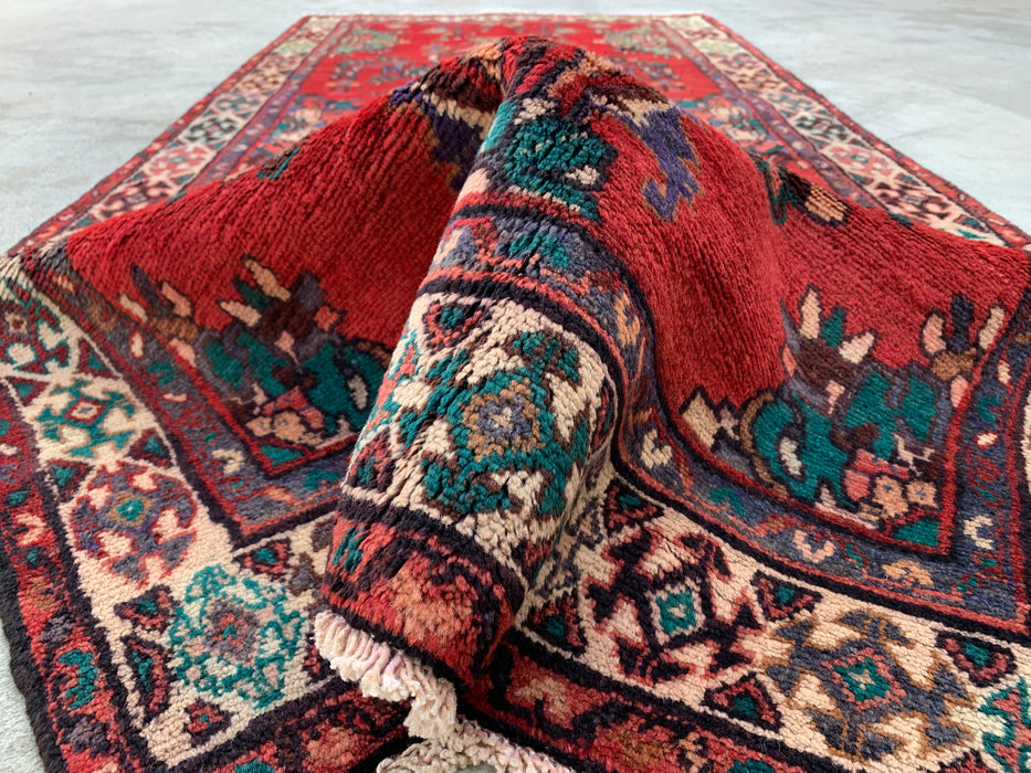 7'10 x 3'5 Hand-Knotted Persian Wool Runner - Red Floral Botanical Design - KBHM-975