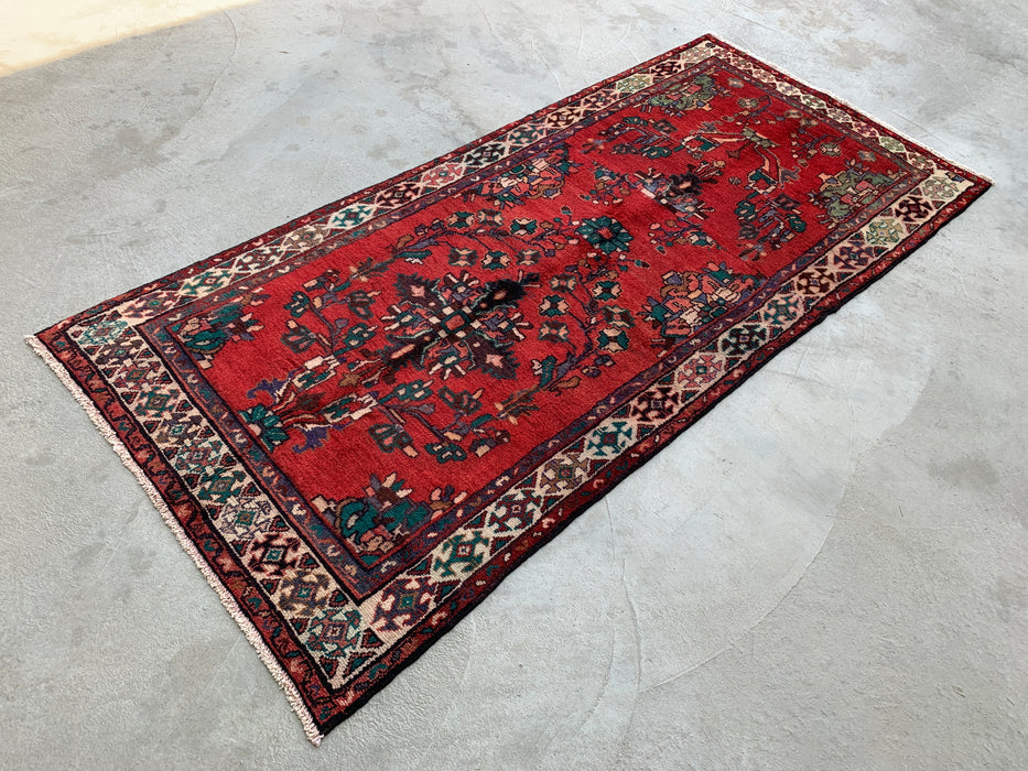 7'10 x 3'5 Hand-Knotted Persian Wool Runner - Red Floral Botanical Design - KBHM-975