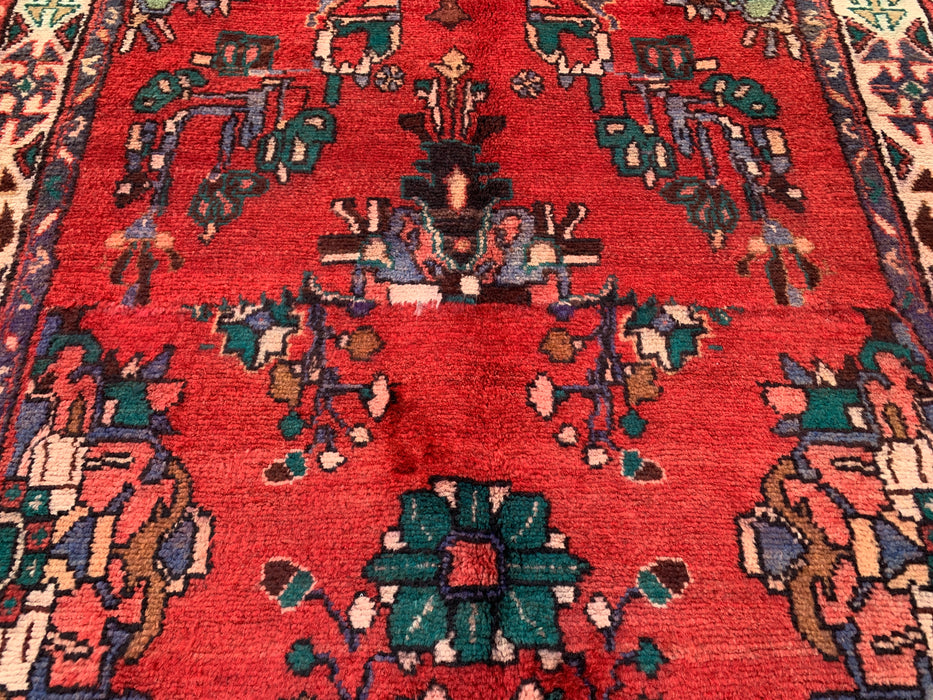 7'10 x 3'5 Hand-Knotted Persian Wool Runner - Red Floral Botanical Design - KBHM-975