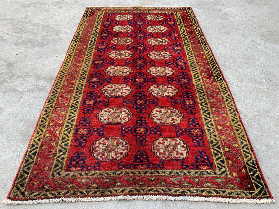 4'6 x 2'7 Hand-Knotted Persian Wool Rug - Red Geometric Tribal Design - KBHM-976
