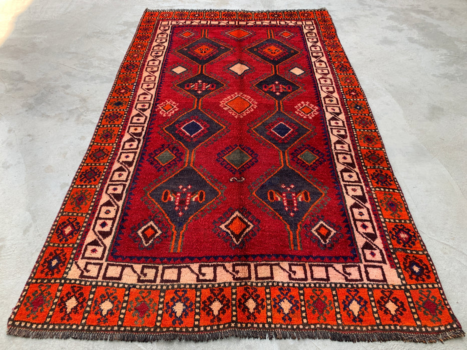 7'7 x 4'7 Hand-Knotted Persian Wool Rug - Red Geometric Tribal Medallion Design - KBHM-977